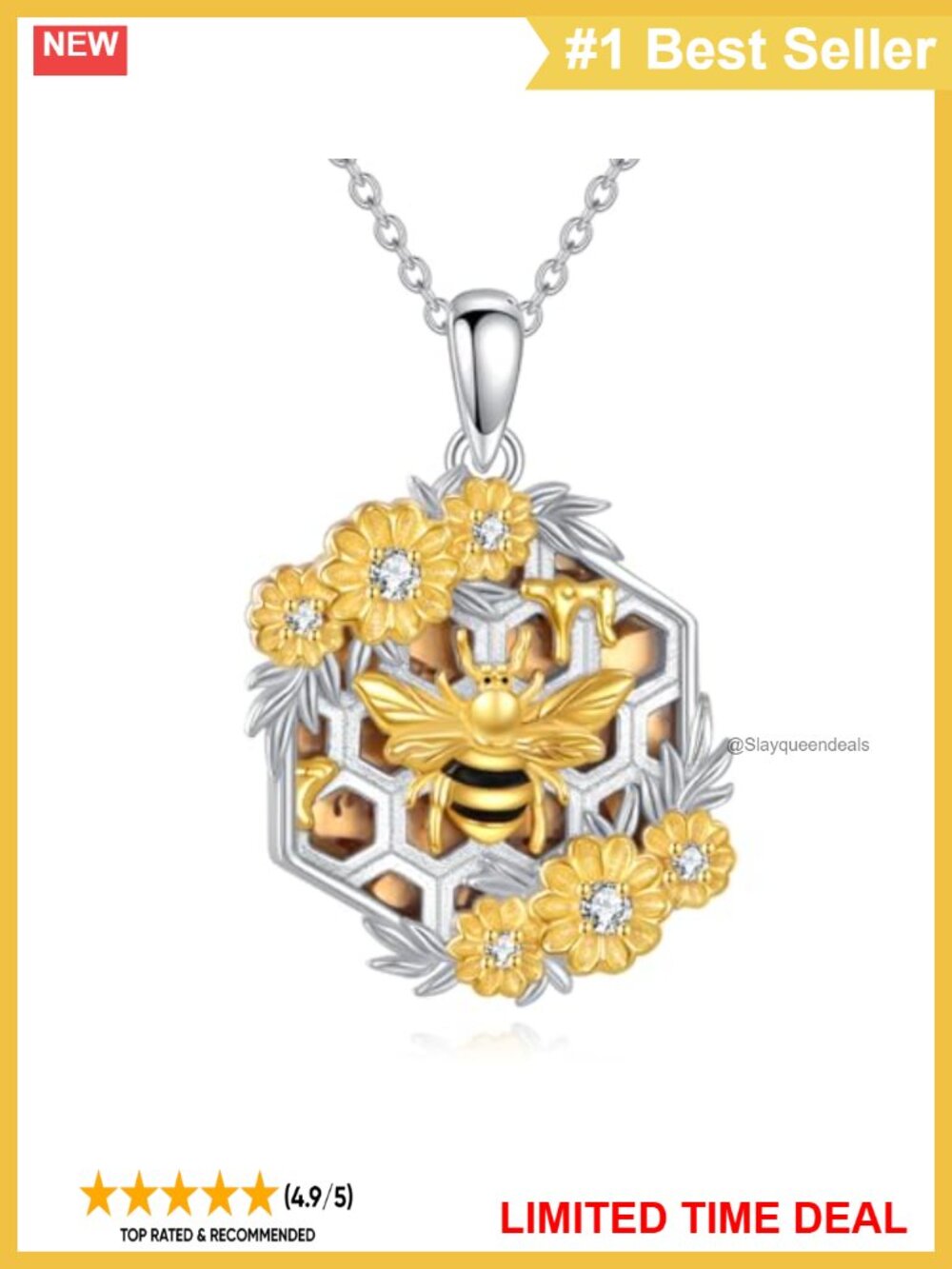 Lab-Grown Diamond Bee Sunflower Pendant Necklace 925 Sterling Silver Amber